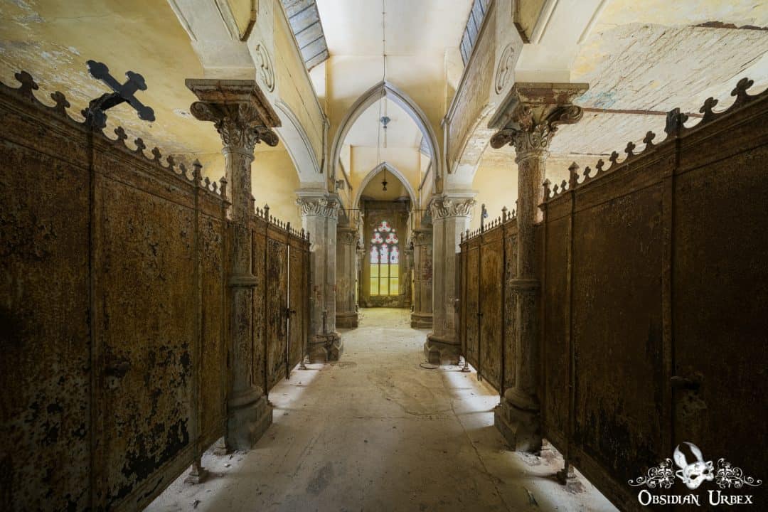 Ancient Mourning Hall Germany Corridor With Crooked Crucifix