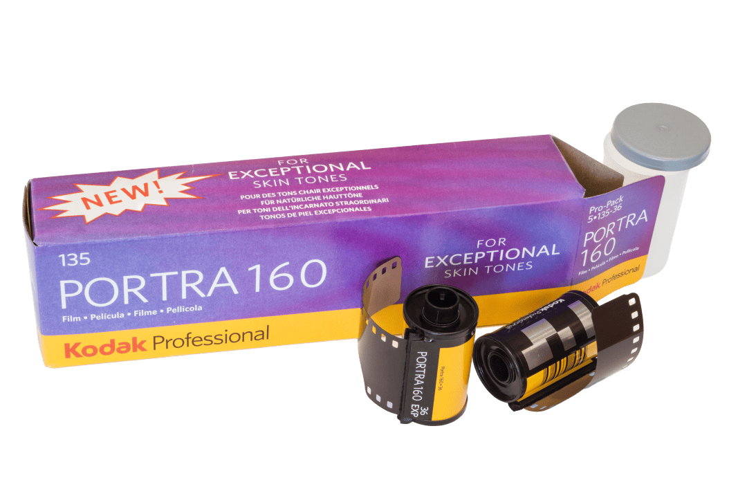 Kodak Portra 160 35mm film cartridge and box